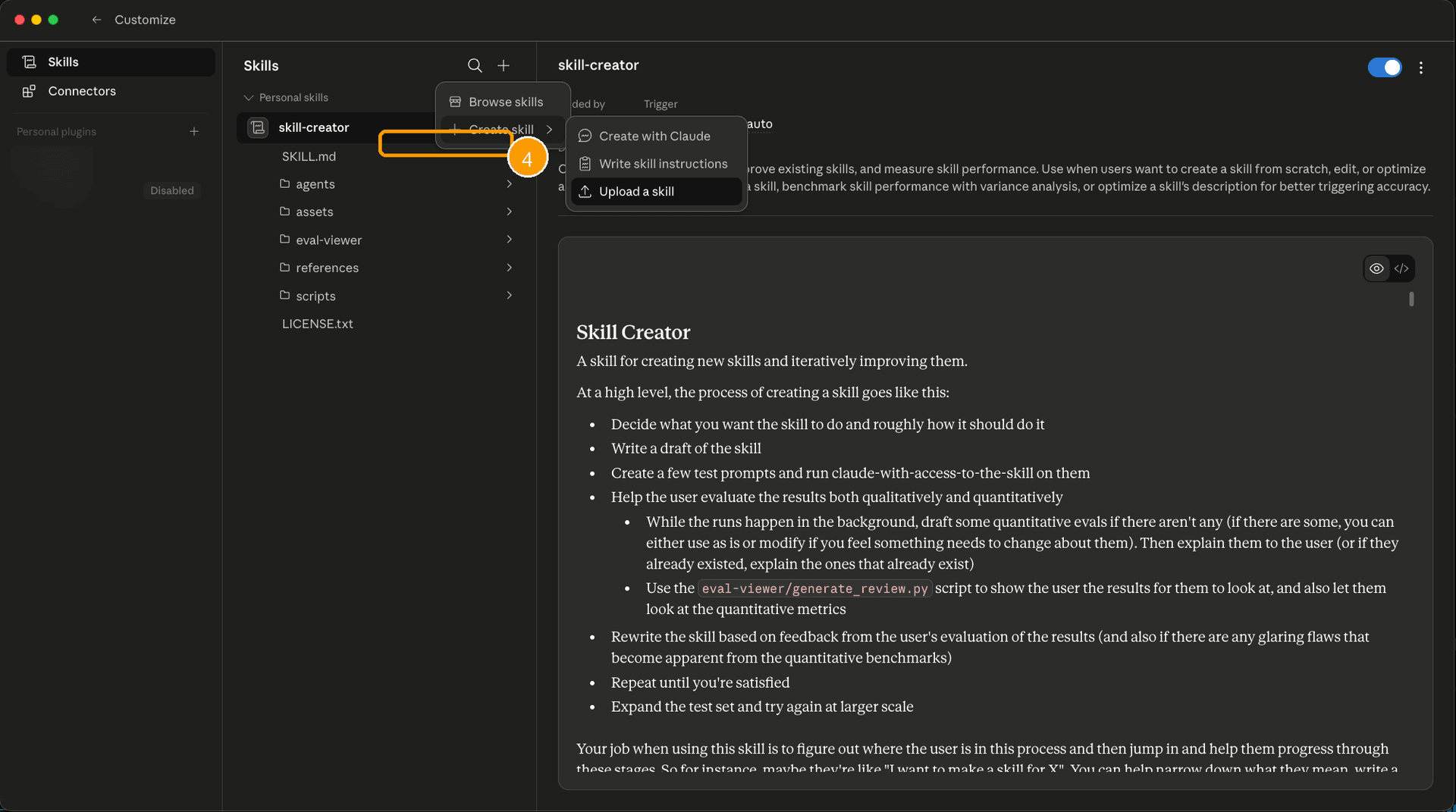 Choose Upload a skill from the dropdown menu